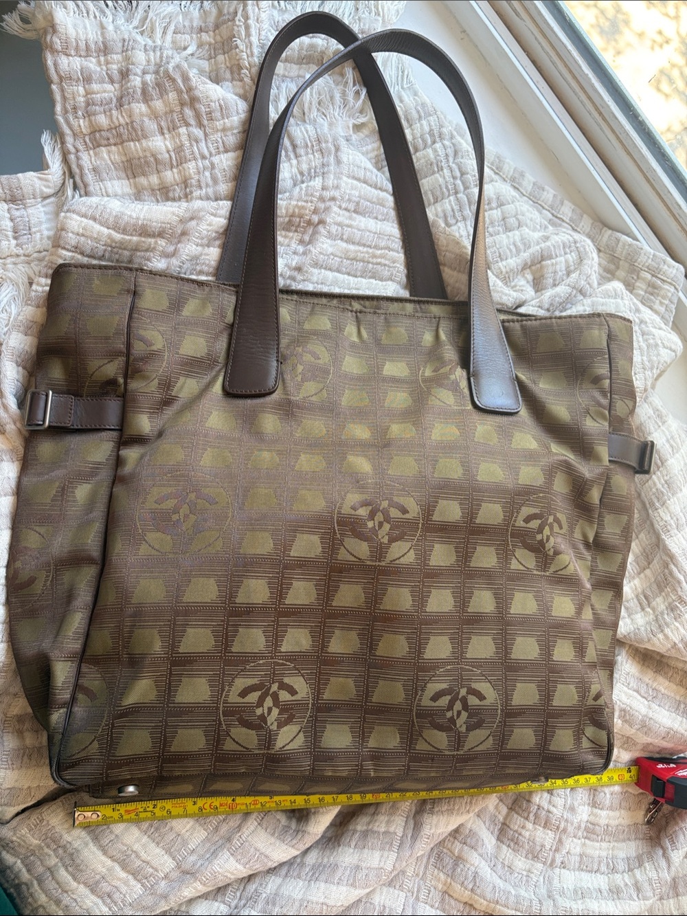 CHANEL PARIS Brown Patterned Tote with Dual Top Handles